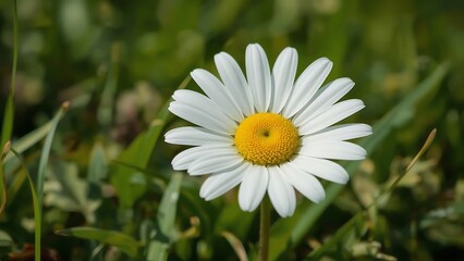 Obraz premium Blooming daisy flowers against the backdrop of soft green grass, soft morning lighting, color,yellow,nature