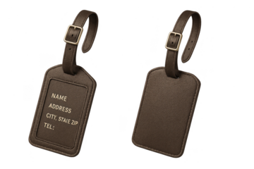 Brown leather luggage tags isolated on transparent background, travel concept