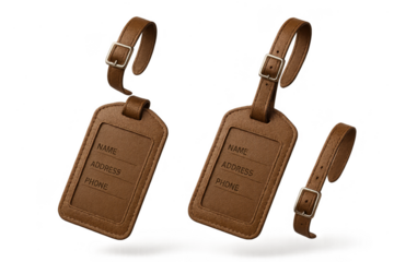 Two brown leather luggage tags isolated on transparent background, travel accessories