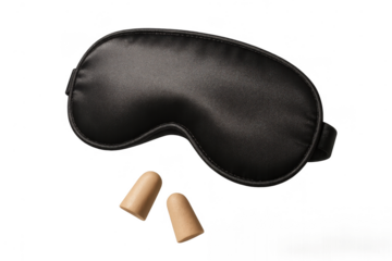 Black sleep mask and earplugs isolated on transparent background for relaxation