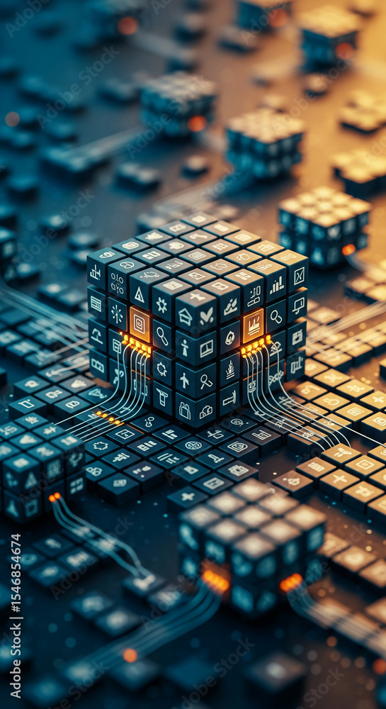 Poster abstract 3d rendering of interconnected data cubes, showcasing complex network system, symbolizing d