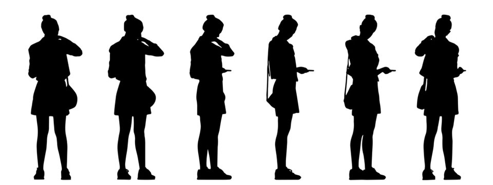 Vector concept conceptual black silhouette of a woman with a bag from different perspectives isolated on white background. A metaphor for casual, fashion, relaxation, leisure and lifestyle