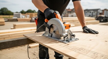 Carpenter using circular saw to cut plywood on construction site outdoors