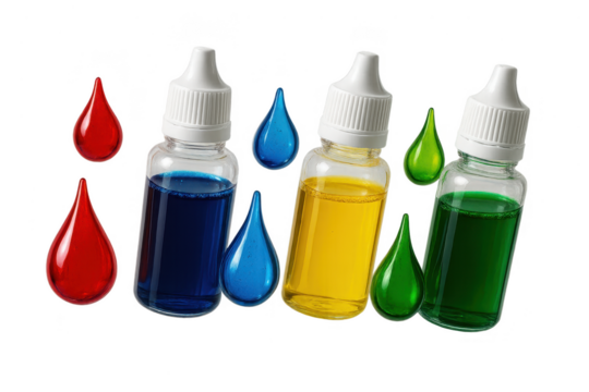 Colorful bottles with red, blue, yellow and green liquid, transparent background - Powered by Adobe