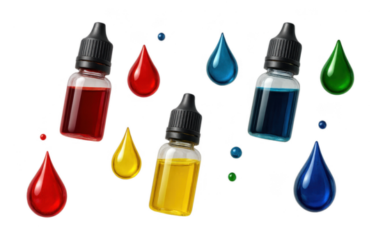 Colorful E-liquid bottles with drops isolated on a transparent background shot