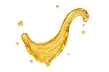 Golden liquid splash isolated on transparent background, oil, honey or juice