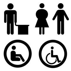 Design a clean and minimalistic icon set in black and white representing common public facility signs. Include icons for male restroom, female restroom, accessible restroom (wheelchair)