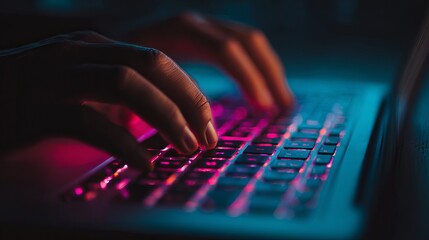 Typing on laptop keyboard with neon lights for coding programming and gaming with fingers close up view