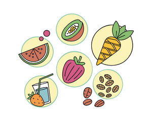 Healthy Fruit and Vegetable Illustration with Drink and Nuts