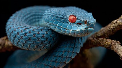 Fototapeta premium Blue viper snake close up with red eyes exotic reptile wildlife photography animal nature venomous snake