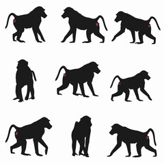 Baboon Silhouette Set Monkey Wildlife Animal
