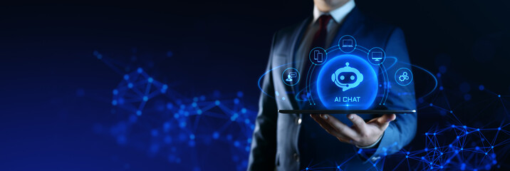 Businessman Holding tablet with Ai Chat Icons on Screen. Artificial Intelligence Technology concept
