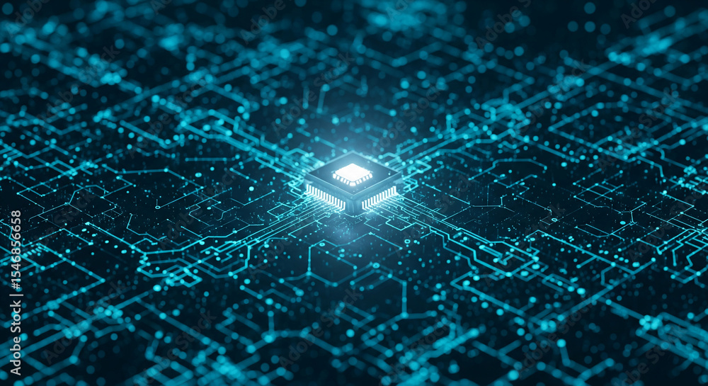 Poster glowing microchip on intricate circuit board, showcasing technological advancement and digital innov