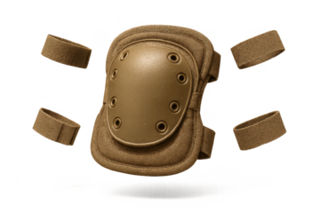 Tactical brown knee pad isolated on transparent background, for protection