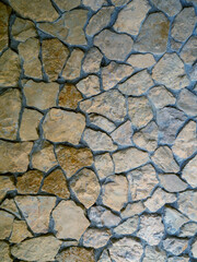 A wall made of stone with a pattern of brown and gray stones. The wall is rough and uneven, giving it a rustic and natural appearance