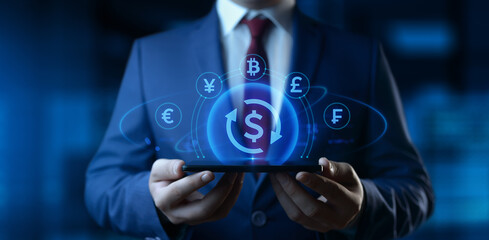Businessman holding smartphone with Currency Exchange icons on screen. Business and Finance concept