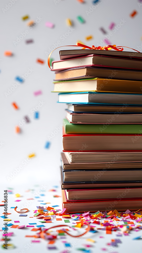Poster stack of colorful books with confetti on white background vertical