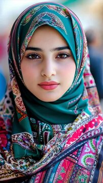 Young beautiful Iranian woman wearing colourful hijab. Arabic Muslim lady in traditional clothes
