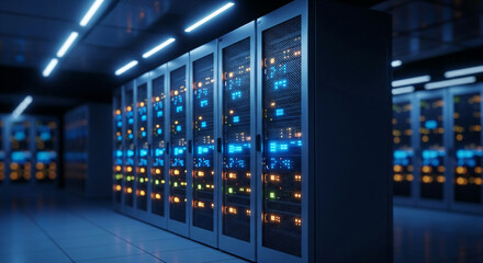 Row of illuminated server racks in a dark data center, showcasing advanced technology and digital infrastructure, representing data storage, processing, and networking