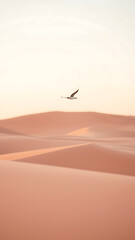 Naklejka premium Solitary Bird Flying Over Pink Sand Dunes Under a Pastel Sky vertical