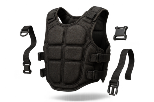Black tactical vest with adjustable straps, isolated on transparent background