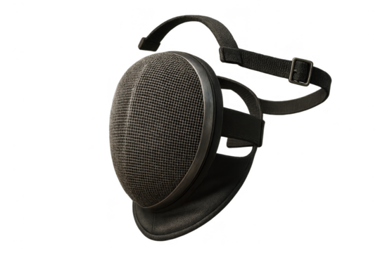 Fencing mask with black leather trim isolated on transparent background view