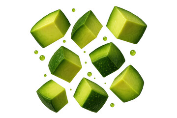 Fresh avocado cubes floating on a transparent backdrop, healthy ingredients
