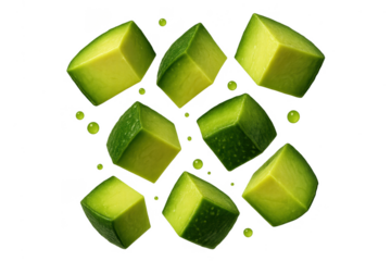 Fresh avocado cubes floating on a transparent backdrop, healthy ingredients