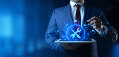 Businessman Holding tablet with Technical Support Icons on Screen. Customer Service and Support concept