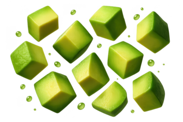 Cubed avocado slices arranged, isolated on a transparent background, fresh and vibrant