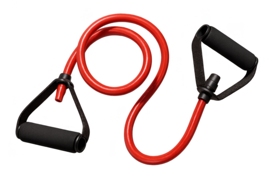 Red resistance band with black handles isolated on transparent background, studio shot