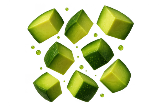 Fresh avocado cubes floating on a transparent backdrop, healthy ingredients