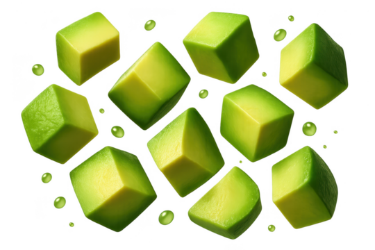 Cubed avocado slices arranged, isolated on a transparent background, fresh and vibrant