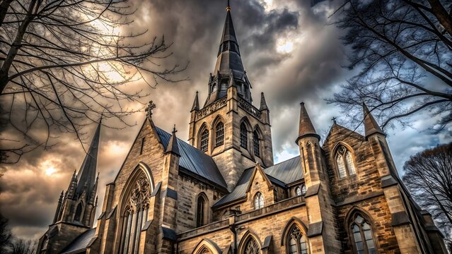 Stone church steeple under dramatic cloudy sky, gothic architecture, low angle view - Powered by Adobe