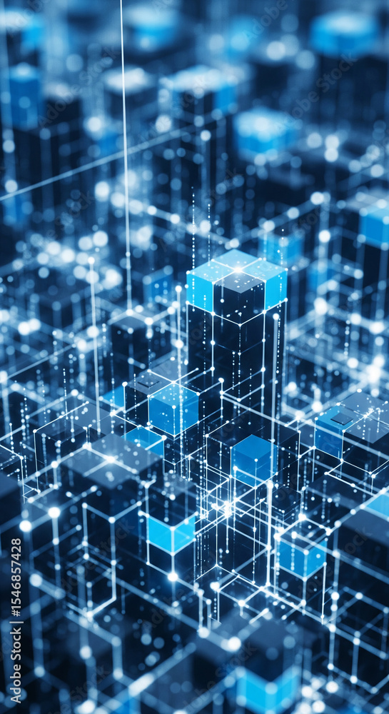 Poster abstract 3d rendering of interconnected blue cubes and lines, symbolizing network, technology, or da