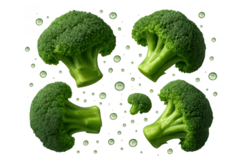 Fresh green broccoli florets isolated on a transparent background, healthy food