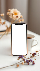 Rose Gold Smartphone blank mockup with Dried Flowers and Coffee Cup on White Desk vertical