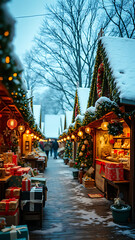 Obraz premium Rustic Christmas Market Scene with Gifts and Snow vertical