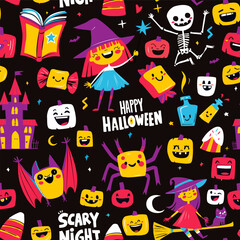 Halloween Night Pattern for Kids Happy Pumpkins, Spiders, Magic and Smiling Witch