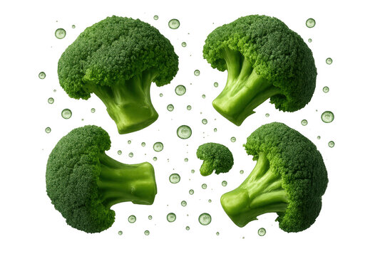 Fresh green broccoli florets isolated on a transparent background, healthy food