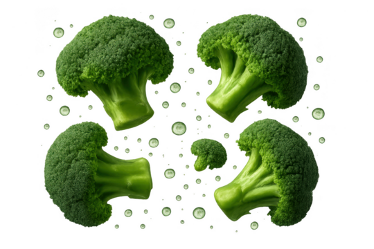 Fresh green broccoli florets isolated on a transparent background, healthy food