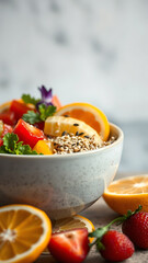 Rainbow Poke Bowl with Sesame Seeds and Citrus Fruits vertical