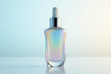 Naklejka premium Iridescent Serum Bottle with Dropper on Pastel Background 