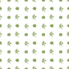 Glass jar, bowl with olives and olive tree branch. Seamless pattern. Vector illustration.