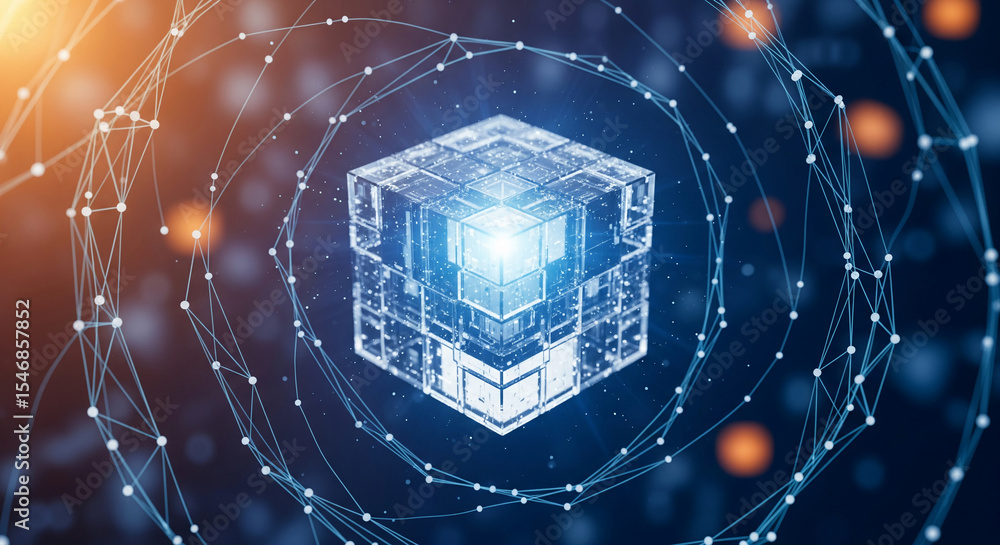Poster transparent cube composed of smaller cubes, encased in a network of interconnected nodes, glowing fr