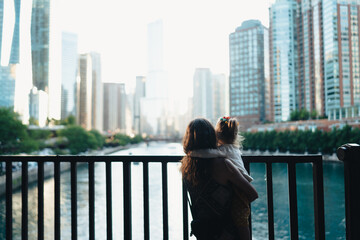 Chicago river, woman and a child, view from the  Franklin Delano Roosevelt bridge, city panorama, urban, sckyscrapers, Illinois, USA