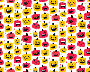 Seamless Halloween Pattern with Cute Pumpkin Faces Flat Style for Kids
