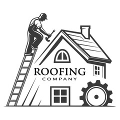Minimalist Black and White Roofing Company Logo Design Featuring a Worker on a Ladder Repairing a House Roof with a Gear