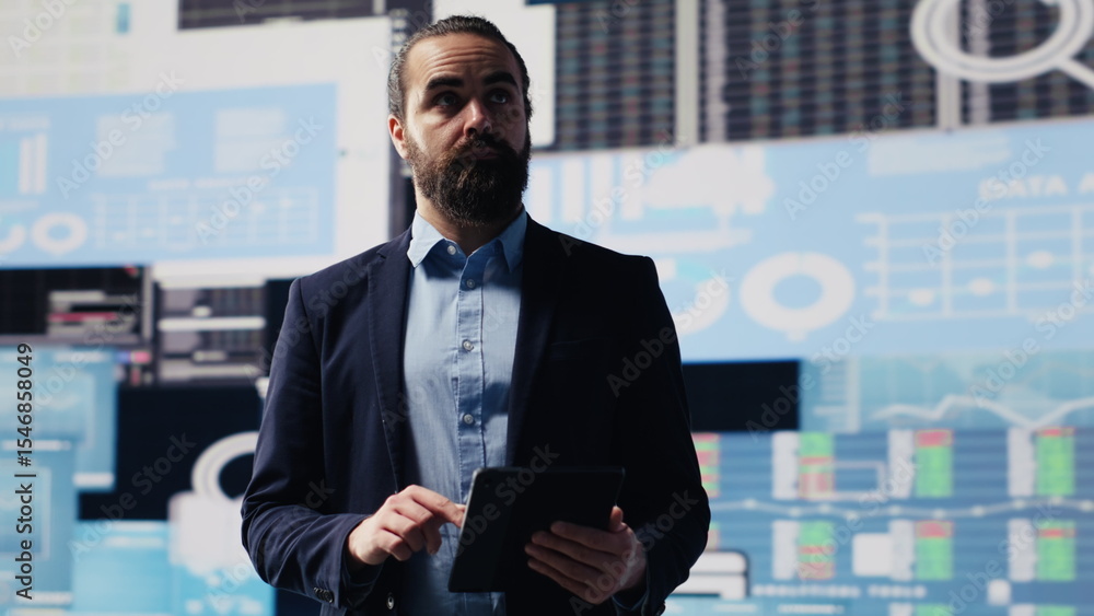 Poster surrounded by virtual graphs and forecasting models, chief executive officer uses financial data and
