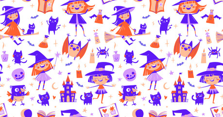 Cute Seamless Halloween Pattern with Witches, Cats, and Potions Purple Cartoon Doodle Style